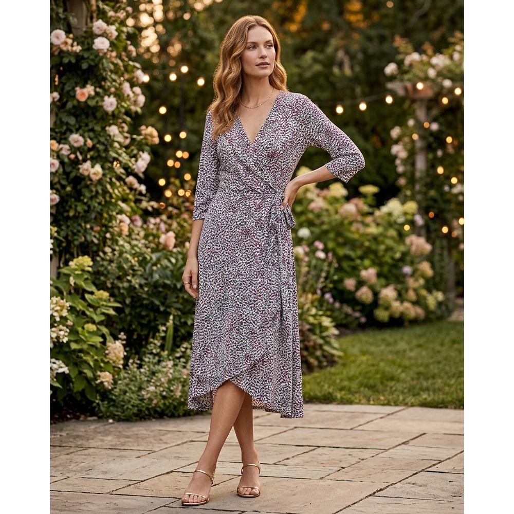 Suncoo Paris Robe Cleo Abstract Leaf Print Wrap Midi‎ Dress Multicolor T2/Medium